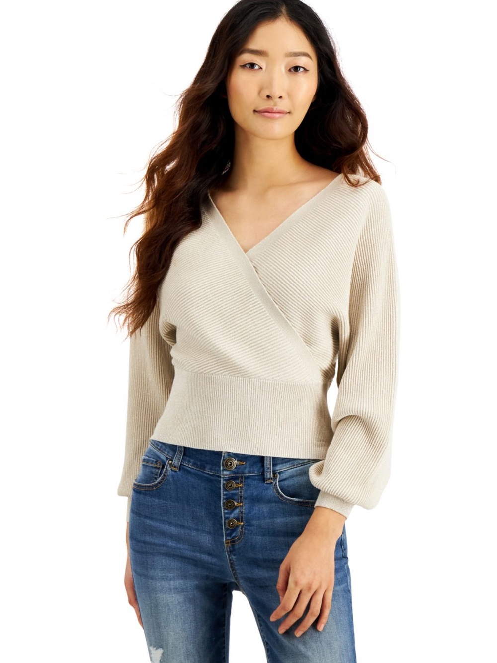 NEW INC Metallic V Neck Sweater Sand Beige Size XL